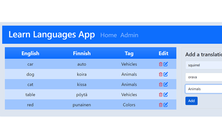 Screenshot of Learn Languages App. A project that I coded