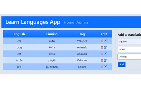 Screenshot of Learn Languages App. A project that I coded